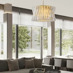 Lampadari Moderni-Selezionato da Mazzolaluce Lampadario dorato di cristalli trasparenti per salone