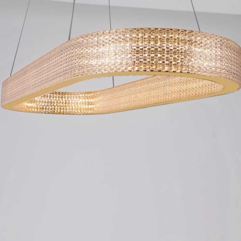 Lampadari Moderni-Selezionato da Mazzolaluce Lampadario elegante ovale oro effetto cristalli per tavolo sala da pranzo