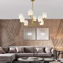 Lampadari Moderni-Selezionato da Mazzolaluce Lampadario elegante per soggiorno dorato sfere vetro bianco
