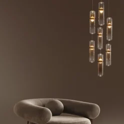 Lampadari Moderni-Selezionato da Mazzolaluce Lampadario elegante per soggiorno moderno capsule in vetro ambra led biemissione