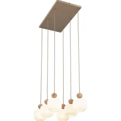 Lampadari Moderni-Selezionato da Mazzolaluce Lampadario in legno e vetro per soggiorno moderno con pendenti a sospensione