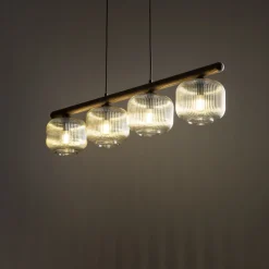 Lampadari Moderni-Selezionato da Mazzolaluce Lampadario in legno sfere di vetro cognac trasparente per sala da pranzo