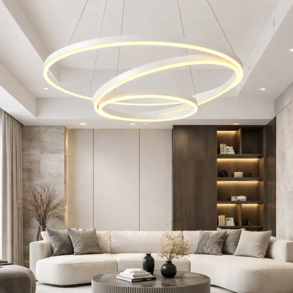 Lampadari Moderni-Selezionato da Mazzolaluce Lampadario led anelli bianco design moderno per soggiorno