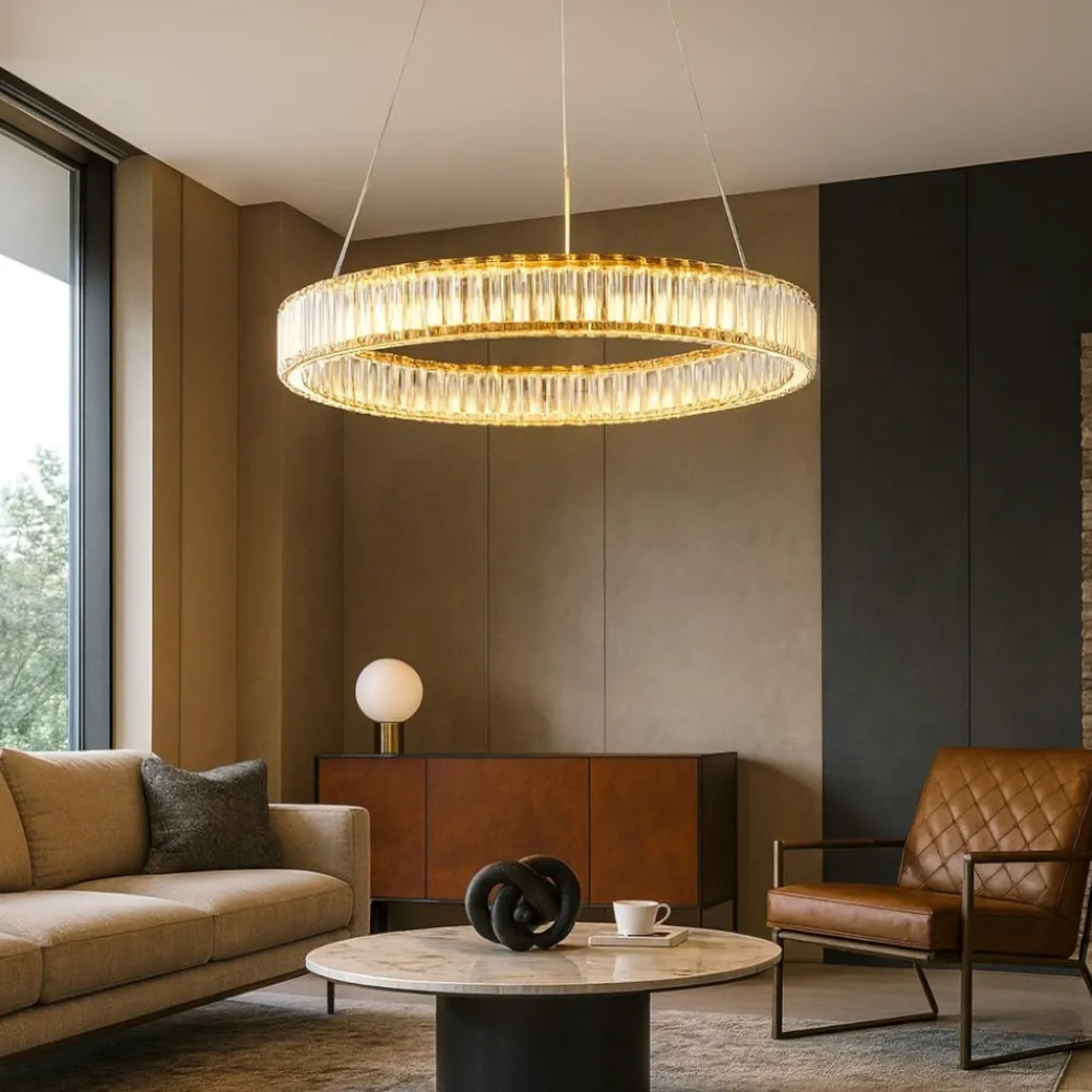 Lampadari Moderni-Selezionato da Mazzolaluce Lampadario led cerchio dorato di vetro cristallo per soggiorno