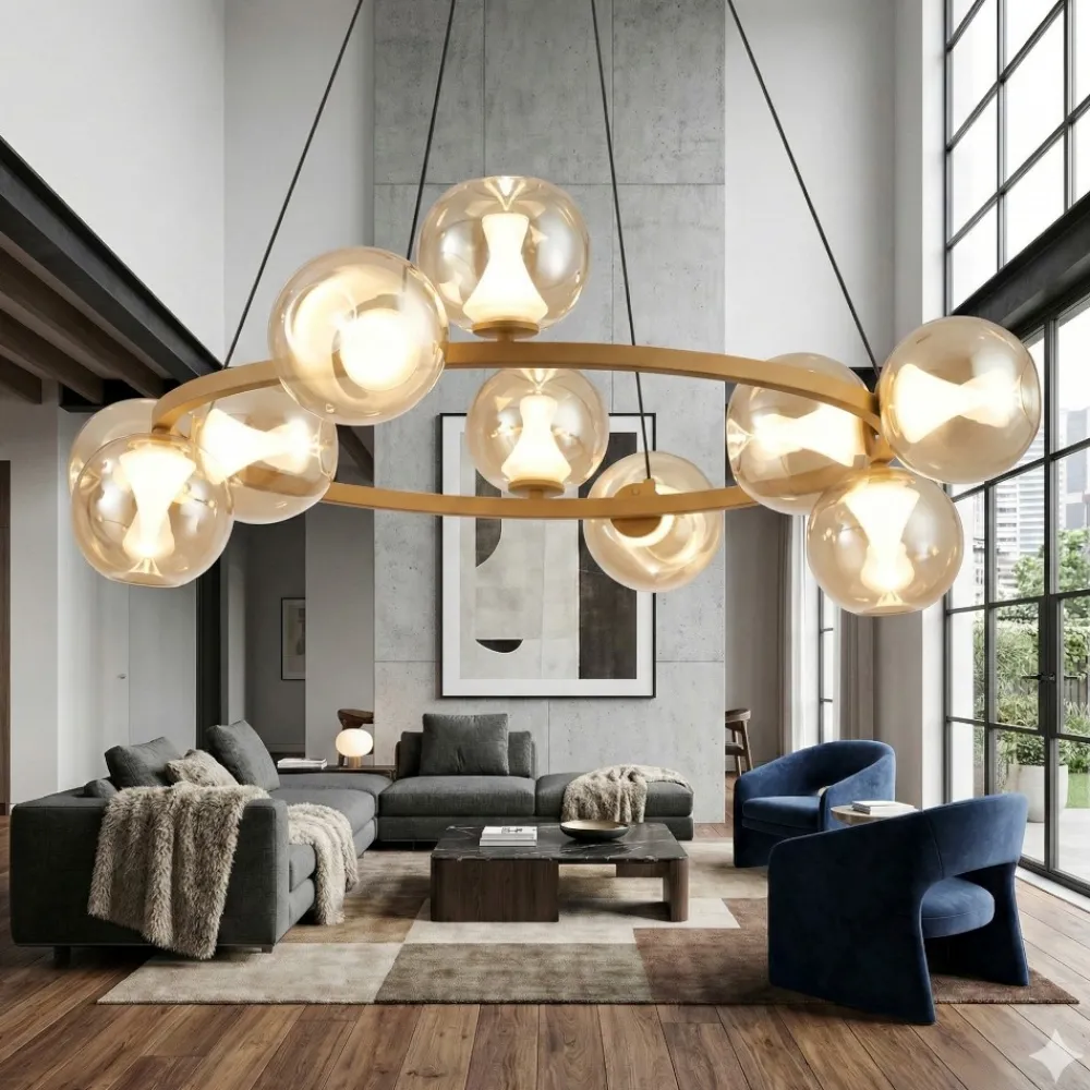 Lampadari Moderni-Selezionato da Mazzolaluce Lampadario led oro tondo con sfere di vetro per soggiorno