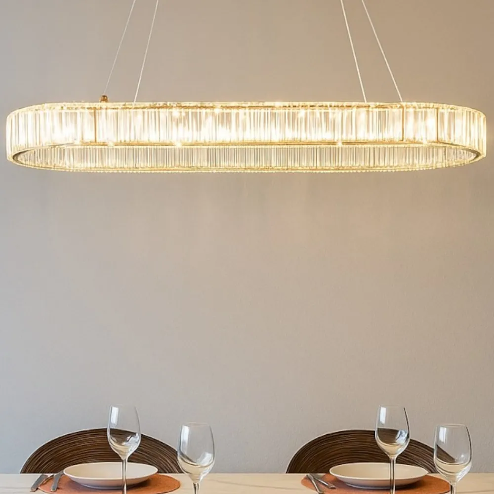 Lampadari Moderni-Selezionato da Mazzolaluce Lampadario led ovale oro di cristalli per tavolo soggiorno