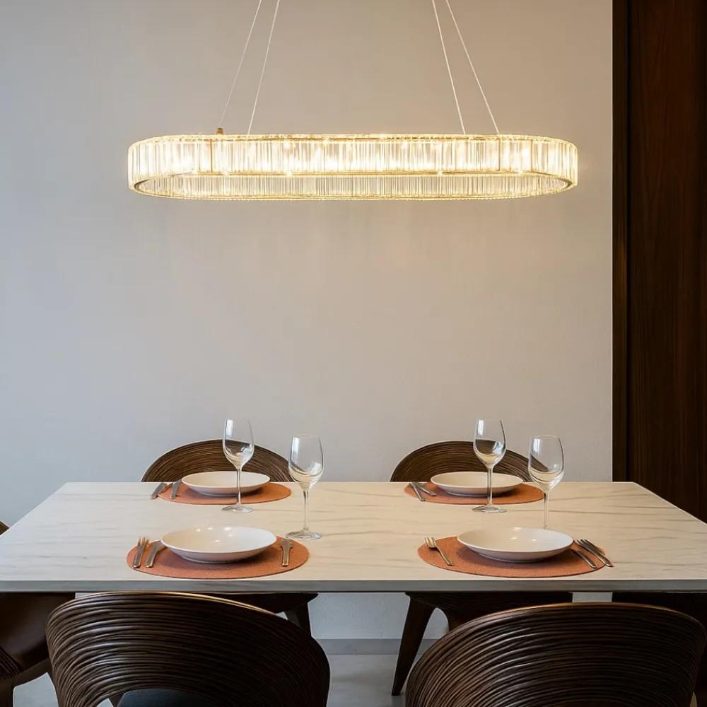 Lampadari Moderni-Selezionato da Mazzolaluce Lampadario led ovale oro di cristalli per tavolo soggiorno