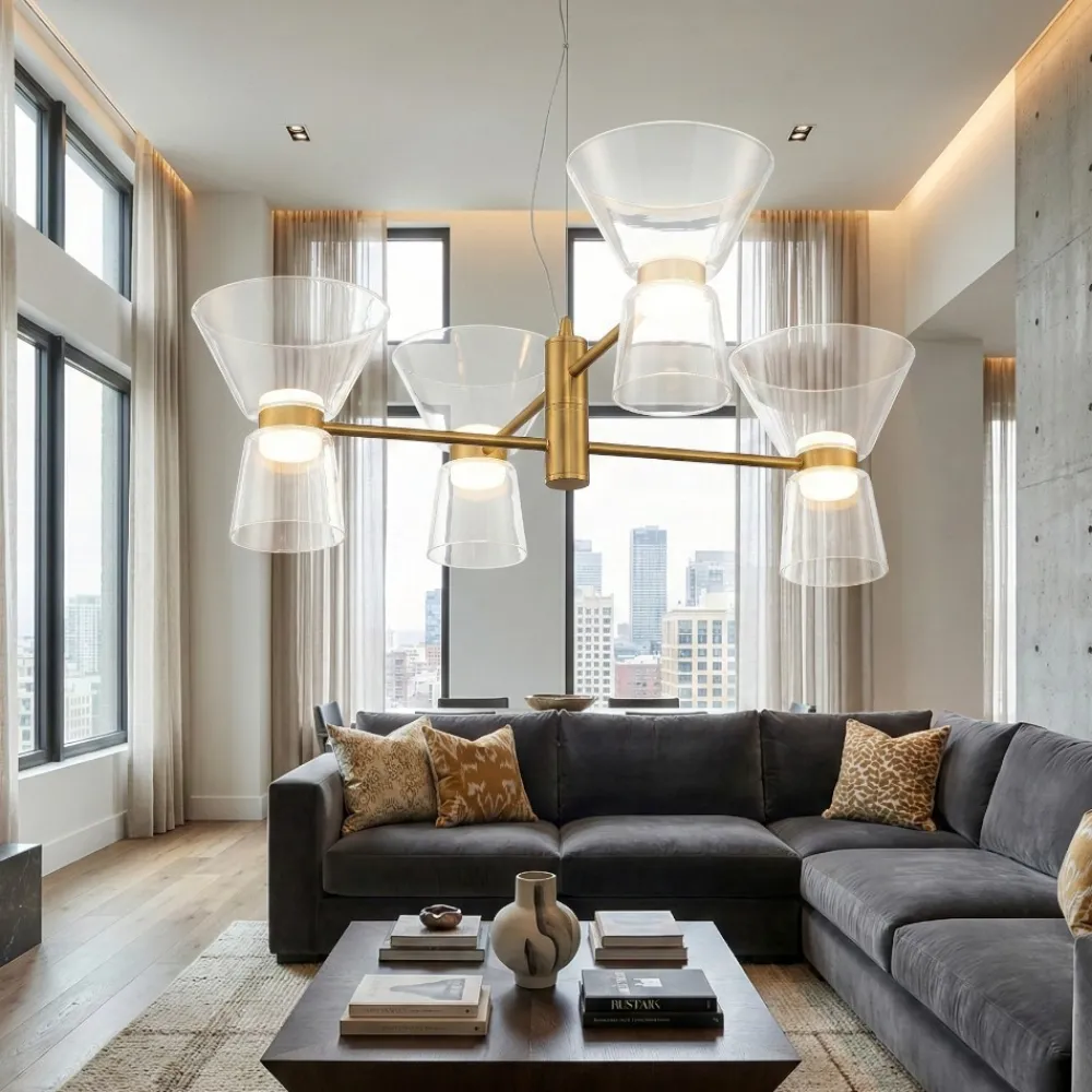 Lampadari Moderni-Selezionato da Mazzolaluce Lampadario luminoso oro per soggiorno stile contemporaneo led 3000k
