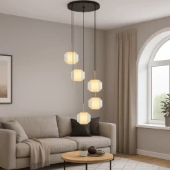 Lampadari Moderni-Selezionato da Mazzolaluce Lampadario moderno a cascata 5 luci vetro e metallo oro