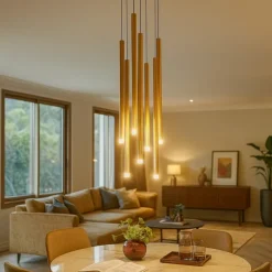 Lampadari Moderni-Selezionato da Mazzolaluce Lampadario moderno a cascata 7 luci cilindri oro per soggiorno