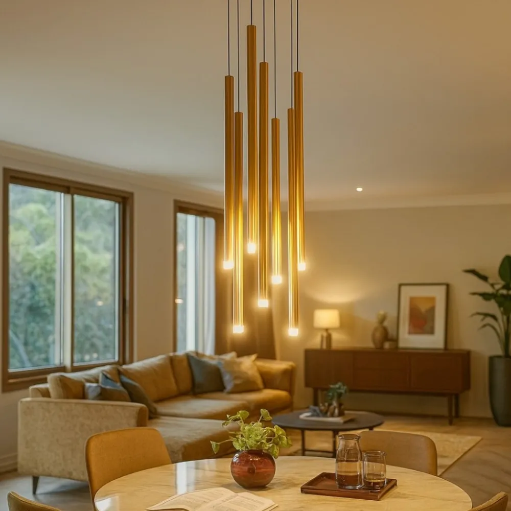 Lampadari Moderni-Selezionato da Mazzolaluce Lampadario moderno a cascata 7 luci cilindri oro per soggiorno