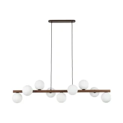 Lampadari Moderni-Selezionato da Mazzolaluce Lampadario moderno di legno per soggiorno sfere vetro bianco