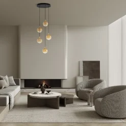 Lampadari Moderni-Selezionato da Mazzolaluce Lampadario moderno 5 luci sfera in vetro ambra led 3000k