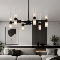 Lampadari Moderni-Selezionato da Mazzolaluce Lampadario moderno nero vetri tubolari bianchi design per soggiorno 12 luci