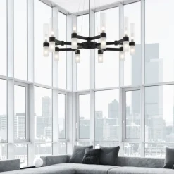 Lampadari Moderni-Selezionato da Mazzolaluce Lampadario moderno nero vetri tubolari bianchi design per soggiorno 12 luci