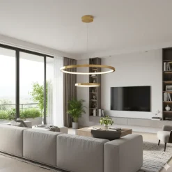 Lampadari Moderni-Selezionato da Mazzolaluce Lampadario moderno per salotto anelli oro led 60w 3000k