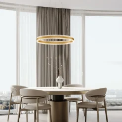 Lampadari Moderni-Selezionato da Mazzolaluce Lampadario moderno per salotto anello oro led 3000k dimmerabile