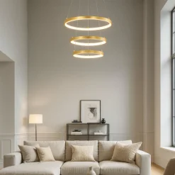 Lampadari Moderni-Selezionato da Mazzolaluce Lampadario moderno per salotto 3 anelli led 3000k dimmerabile foglia oro