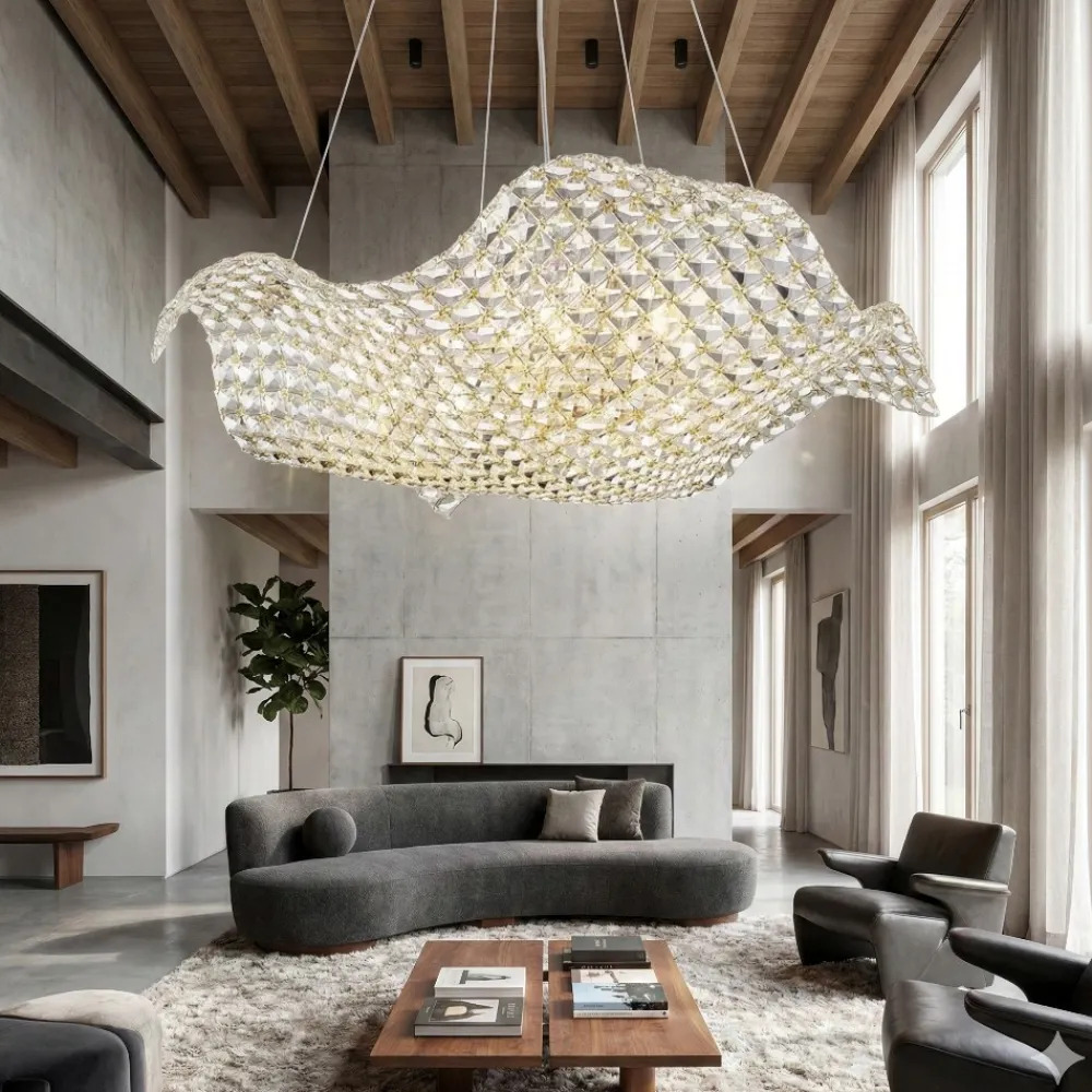 Lampadari Moderni-Selezionato da Mazzolaluce Lampadario moderno vela di cristalli struttura in oro