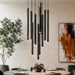 Lampadari Moderni-Selezionato da Mazzolaluce Lampadario nero con cilindri rigati pendenti a sospensione moderno per tavolo soggiorno
