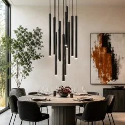 Lampadari Moderni-Selezionato da Mazzolaluce Lampadario nero con cilindri rigati pendenti a sospensione moderno per tavolo soggiorno