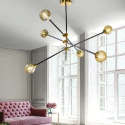 Lampadari Moderni-Selezionato da Mazzolaluce Lampadario nero oro 6 luci orientabili vetri ambra per soggiorno