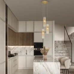 Lampadario Camera Da Letto-Selezionato da Mazzolaluce Lampadario oro con capsule pendenti in vetro ambra per camera da letto moderna