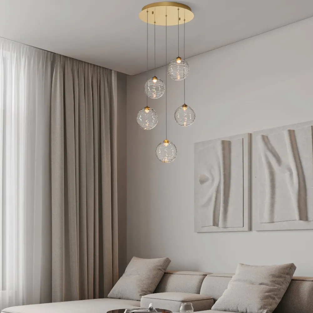 Lampadari Moderni-Selezionato da Mazzolaluce Lampadario oro sfere di vetro ondulato trasparente led 3000k dimmerabile per soggiorno