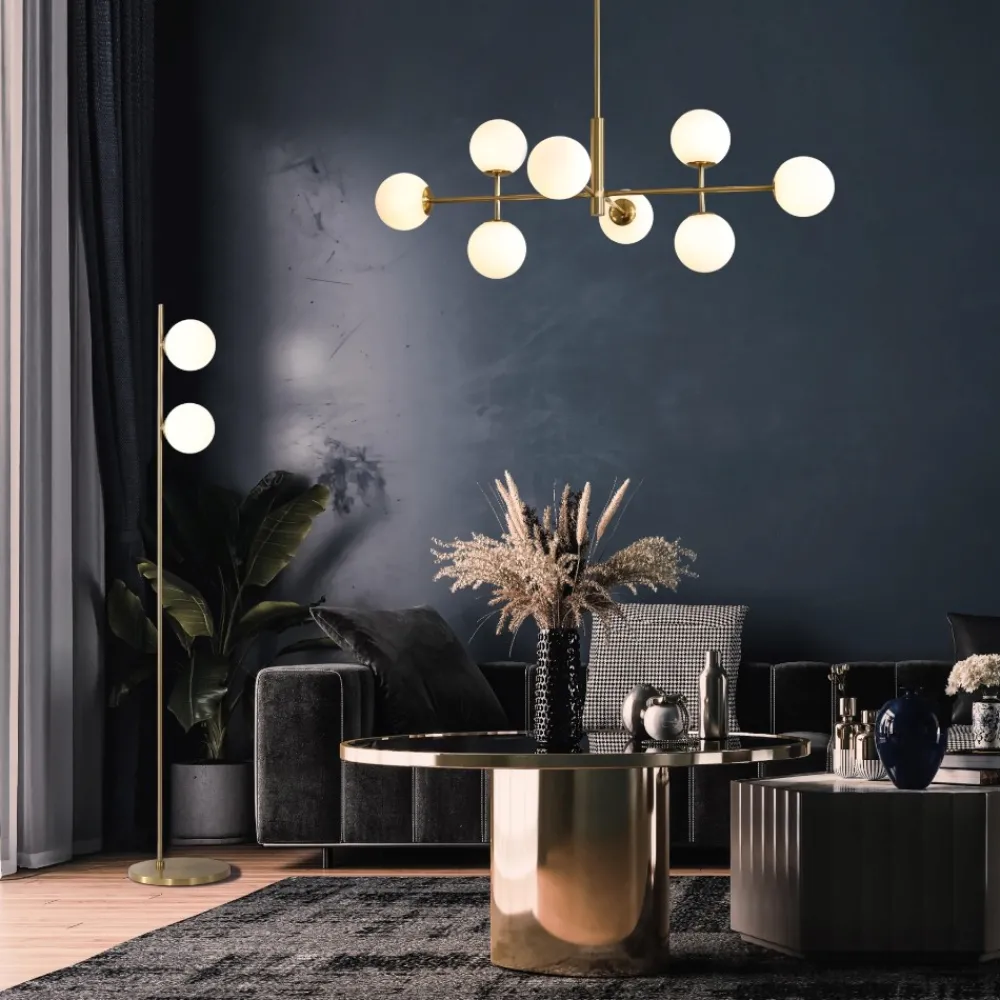 Lampadari Moderni-Selezionato da Mazzolaluce Lampadario oro sfere vetro bianco per soggiorno moderno