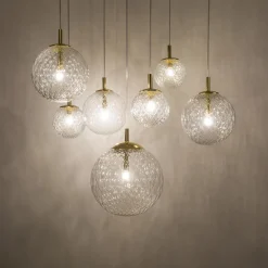 Lampadari Moderni-Selezionato da Mazzolaluce Lampadario oro sospensioni sfere di vetro trasparente rigato a grappolo per soggiorno contemporaneo