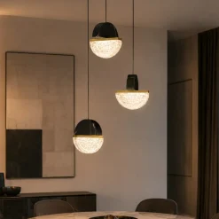 Lampadari Moderni-Selezionato da Mazzolaluce Lampadario 3 pendenti a sospensione marmo nero vetro effetto nuvola per sala da pranzo moderna