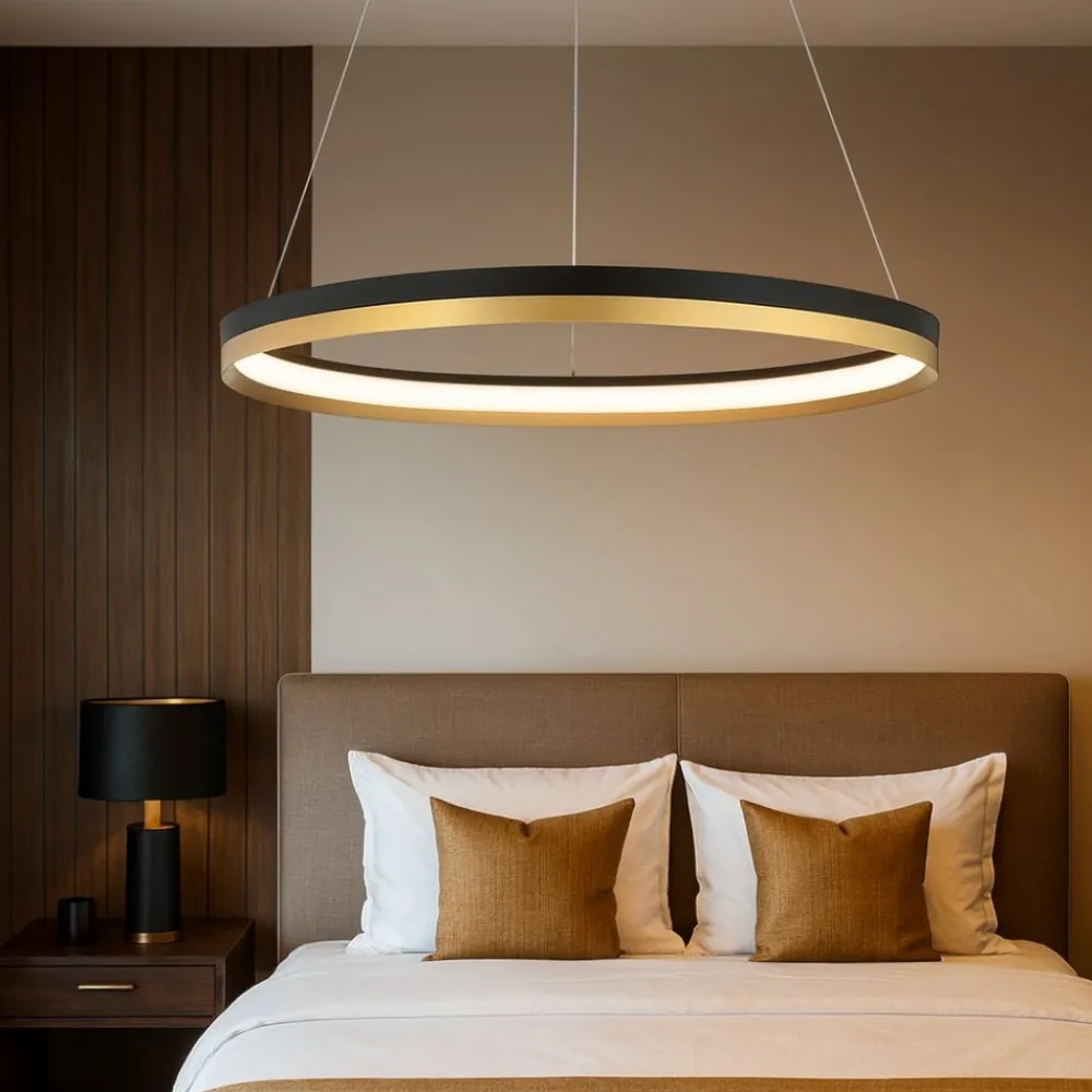 Lampadario Camera Da Letto-Selezionato da Mazzolaluce Lampadario per camera da letto cerchio nero oro 33w 3000k dimmerabile