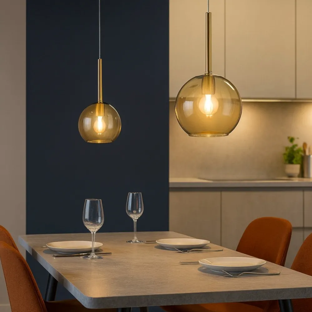 Lampadari Cucina-Top Light Lampadario per cucina con decentramento 2 luci sfere vetro ambra