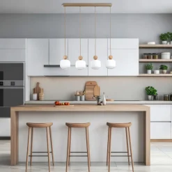 Lampadari Cucina-Selezionato da Mazzolaluce Lampadario per cucina inserti in legno 4 pendenti in vetro