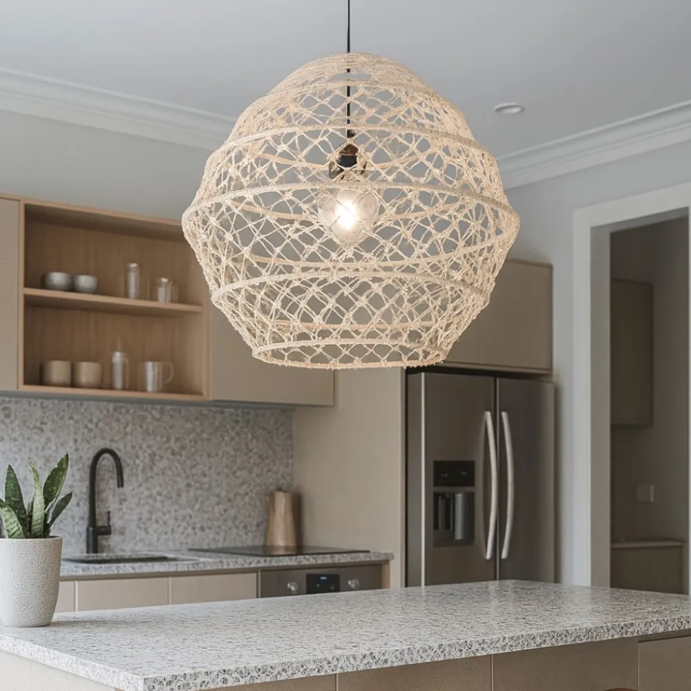 Lampadari Cucina-Selezionato da Mazzolaluce Lampadario per cucina marrone 60 cm paralume in maglia di canapa