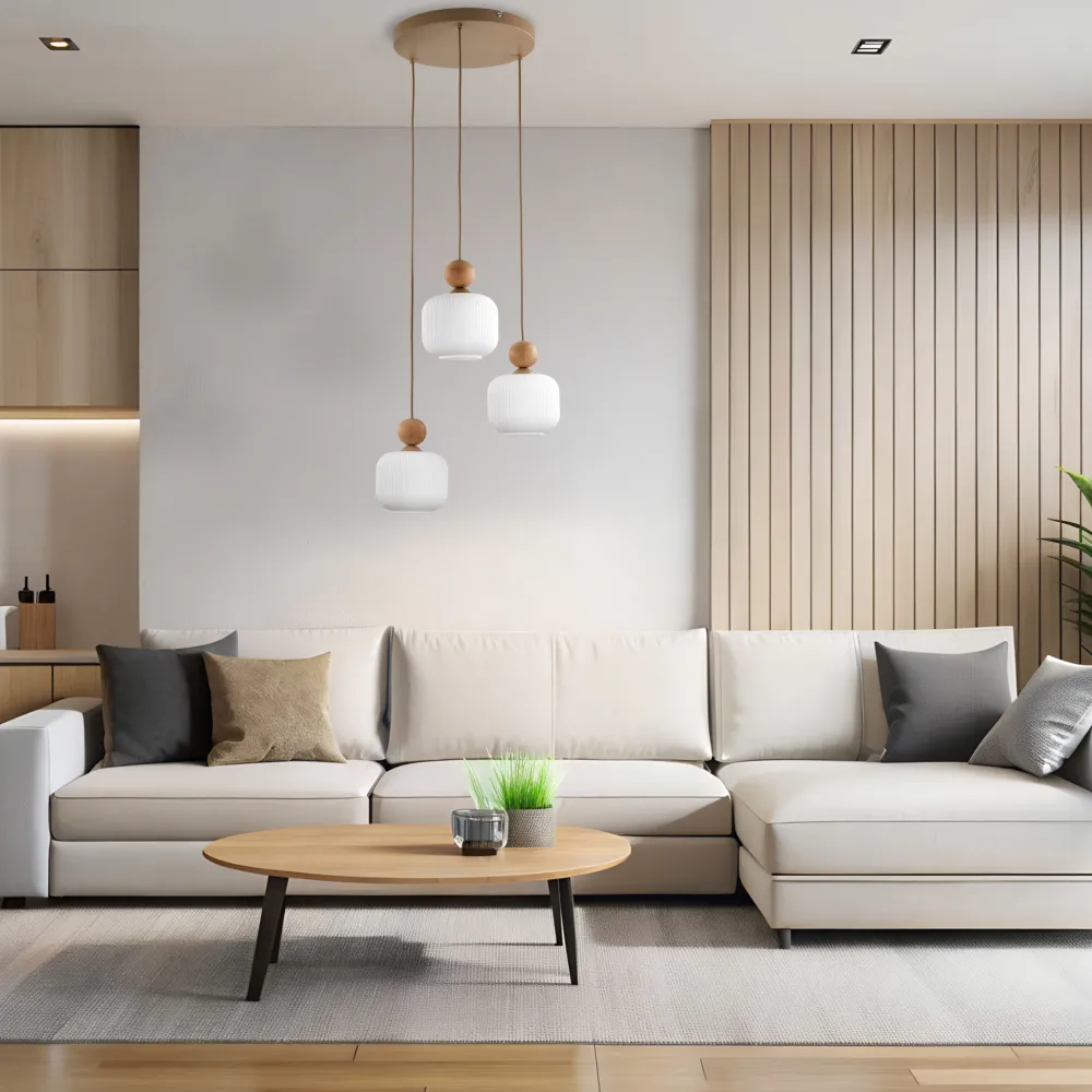 Lampadari Cucina-Selezionato da Mazzolaluce Lampadario per cucina moderna inserti in legno sfere di vetro a sospensione