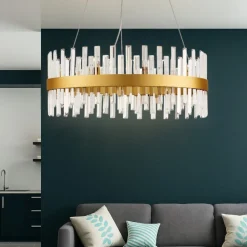 Lampadari Moderni-Selezionato da Mazzolaluce Lampadario per salotto cerchio oro satinato con cristalli