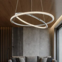 Lampadari Moderni-Selezionato da Mazzolaluce Lampadario per salotto contemporaneo anelli cromo e cristalli led 3000k