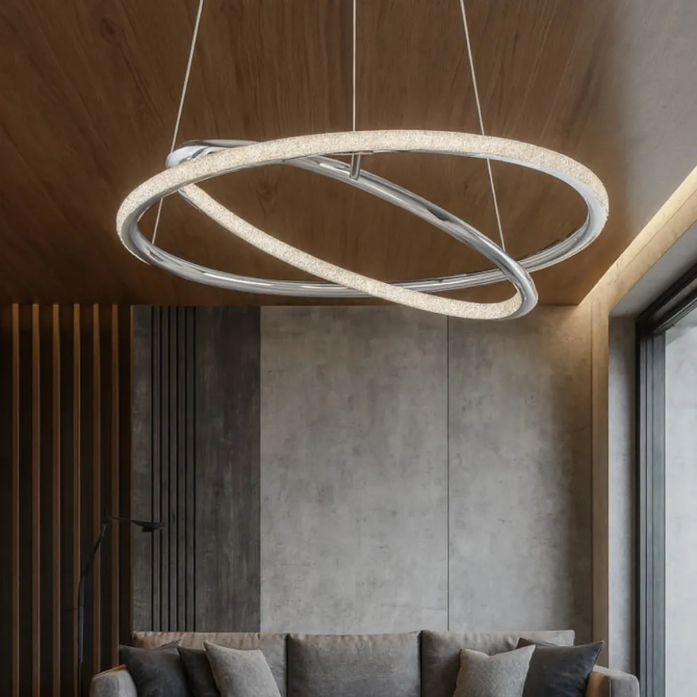 Lampadari Moderni-Selezionato da Mazzolaluce Lampadario per salotto contemporaneo anelli cromo e cristalli led 3000k