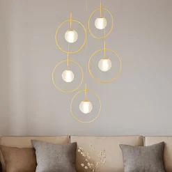 Lampadari Moderni-Selezionato da Mazzolaluce Lampadario per salotto 5 luci oro e sfere vetro decorato led 3000k