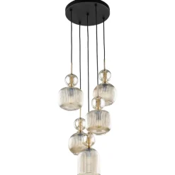 Lampadari Moderni-Selezionato da Mazzolaluce lampadario per soggiorno con 5 vetri ambra a grappolo pendenti