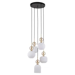 Lampadari Moderni-Selezionato da Mazzolaluce lampadario per soggiorno contemporaneo 5 vetri ambra bianco pendenti