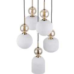 Lampadari Moderni-Selezionato da Mazzolaluce lampadario per soggiorno contemporaneo 5 vetri ambra bianco pendenti
