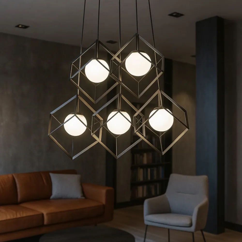 Lampadari Moderni-Perenz Illuminazione Lampadario per soggiorno moderno cube nero 5 luci perenz