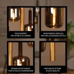 Lampadari Moderni-Selezionato da Mazzolaluce Lampadario per soggiorno sfere in vetro fume cilindri oro