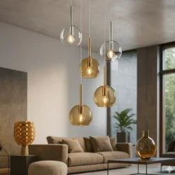 Lampadari Moderni-Top Light Lampadario per soggiorno vetri sfere ambra trasparente