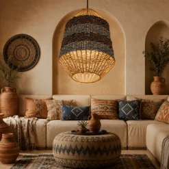 Lampadari Moderni-Selezionato da Mazzolaluce Lampadario rattan corda naturale per interni blu e nero
