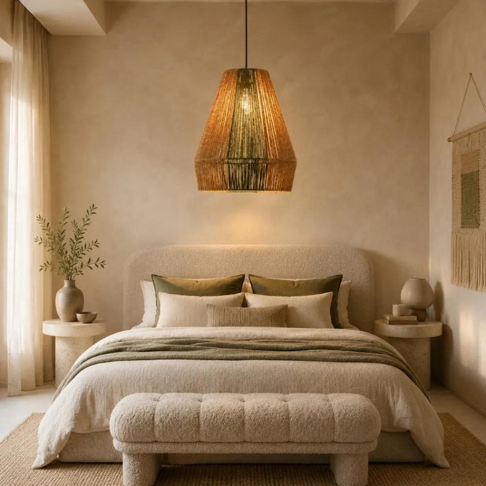 Lampadari Moderni-Selezionato da Mazzolaluce Lampadario rattan in corda sabbia e verde