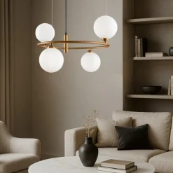 Lampadari Moderni-Maytoni Lampadario ring moderno oro per salotto sfere vetro bianco