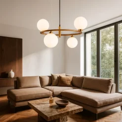 Lampadari Moderni-Maytoni Lampadario ring moderno oro per salotto sfere vetro bianco